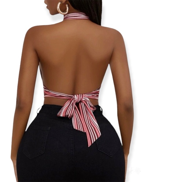 Striped Print Backless Crop Halter Top - Picture 2 of 3